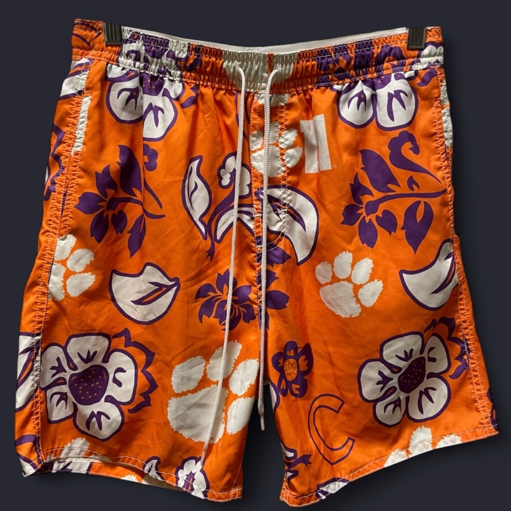 Clemson Tigers Men's Floral Paw Print Swim Trunks Orange Purple S/M
